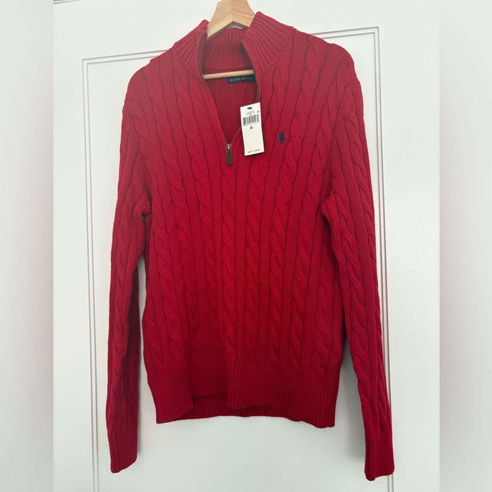 Polo Ralph Lauren Red Cable Knit Quarter Zip Sweater Size M
